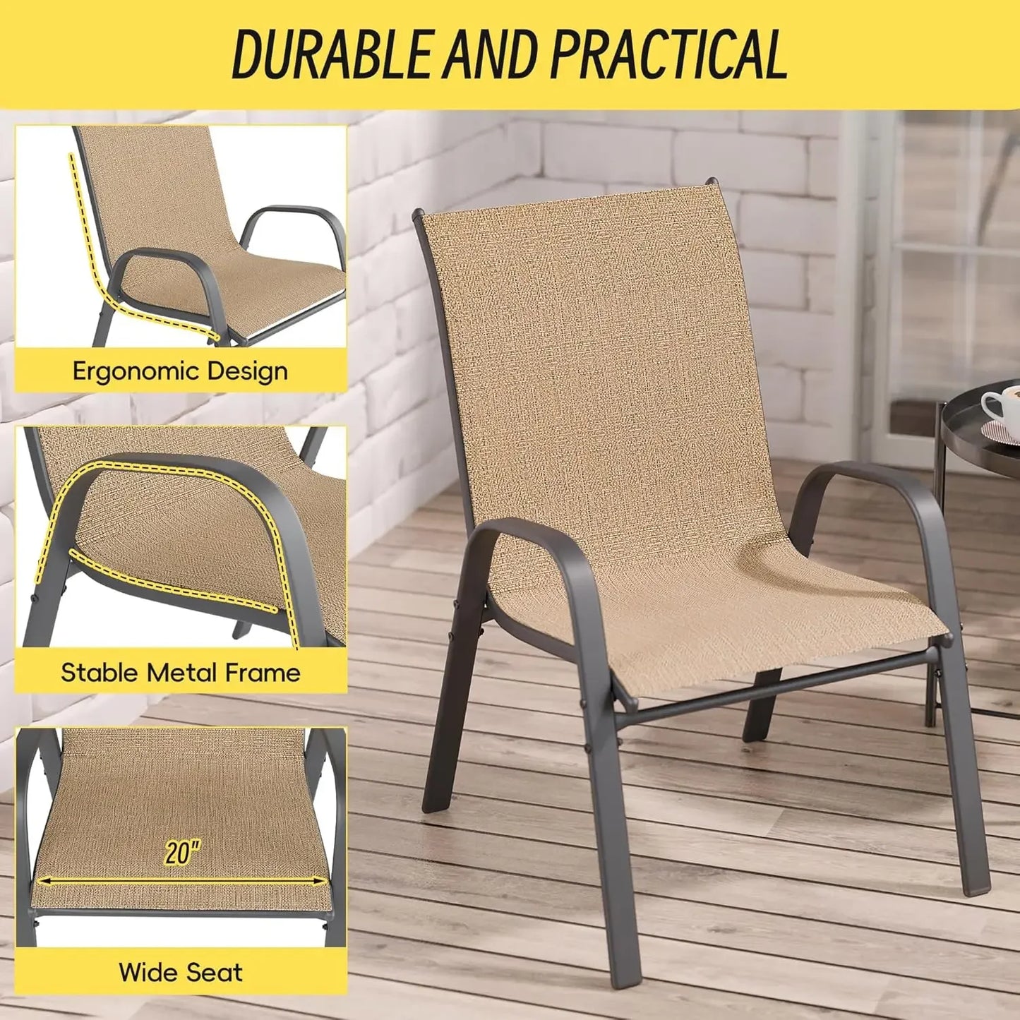 Patio Chairs Set of 4, Stackable Outdoor Dining Chairs Set with Breathable Seat Fabric, All-Weather Powder-Coated Metal