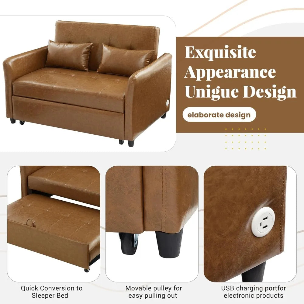 Oversized Adjustable Armchair Sleeper Sofa with USB Ports, Convertible Leather Sofa Bed for Apartments