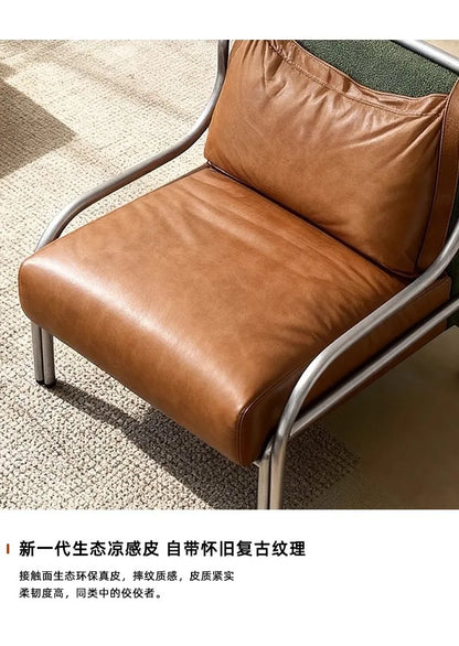 Mid-style leather single sofa lounge chair stainless steel brown leather art c hair