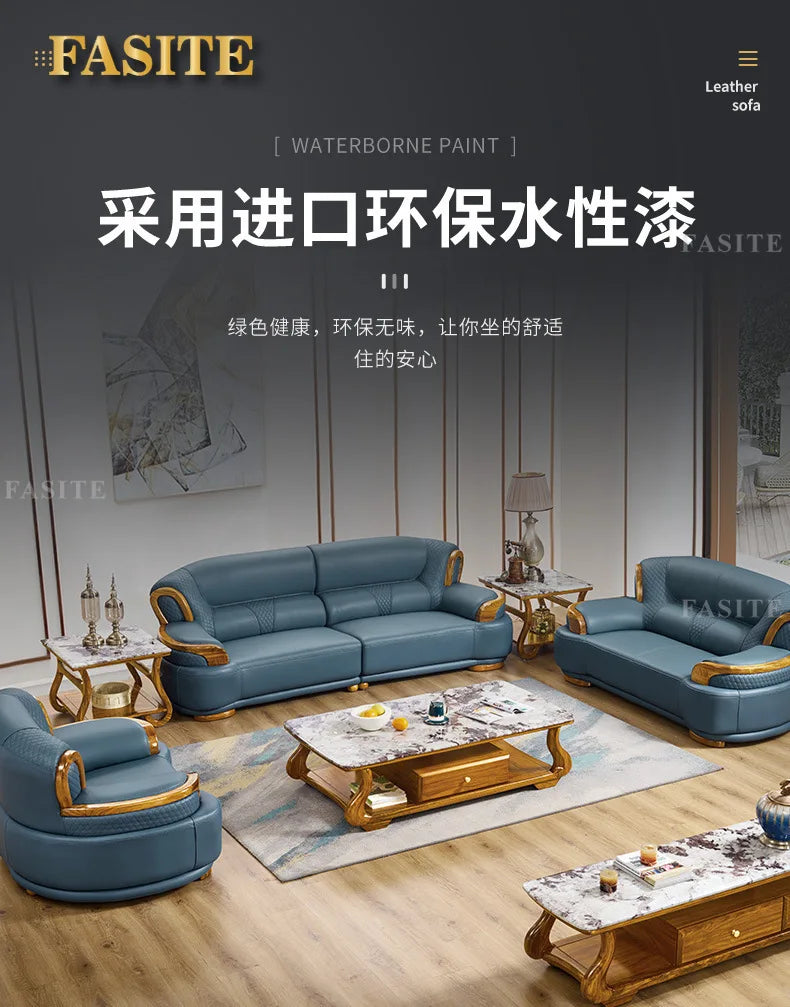 New Chinese ebony leather sofa modern simple living room large first layer yellow cowhide new solid wood combination