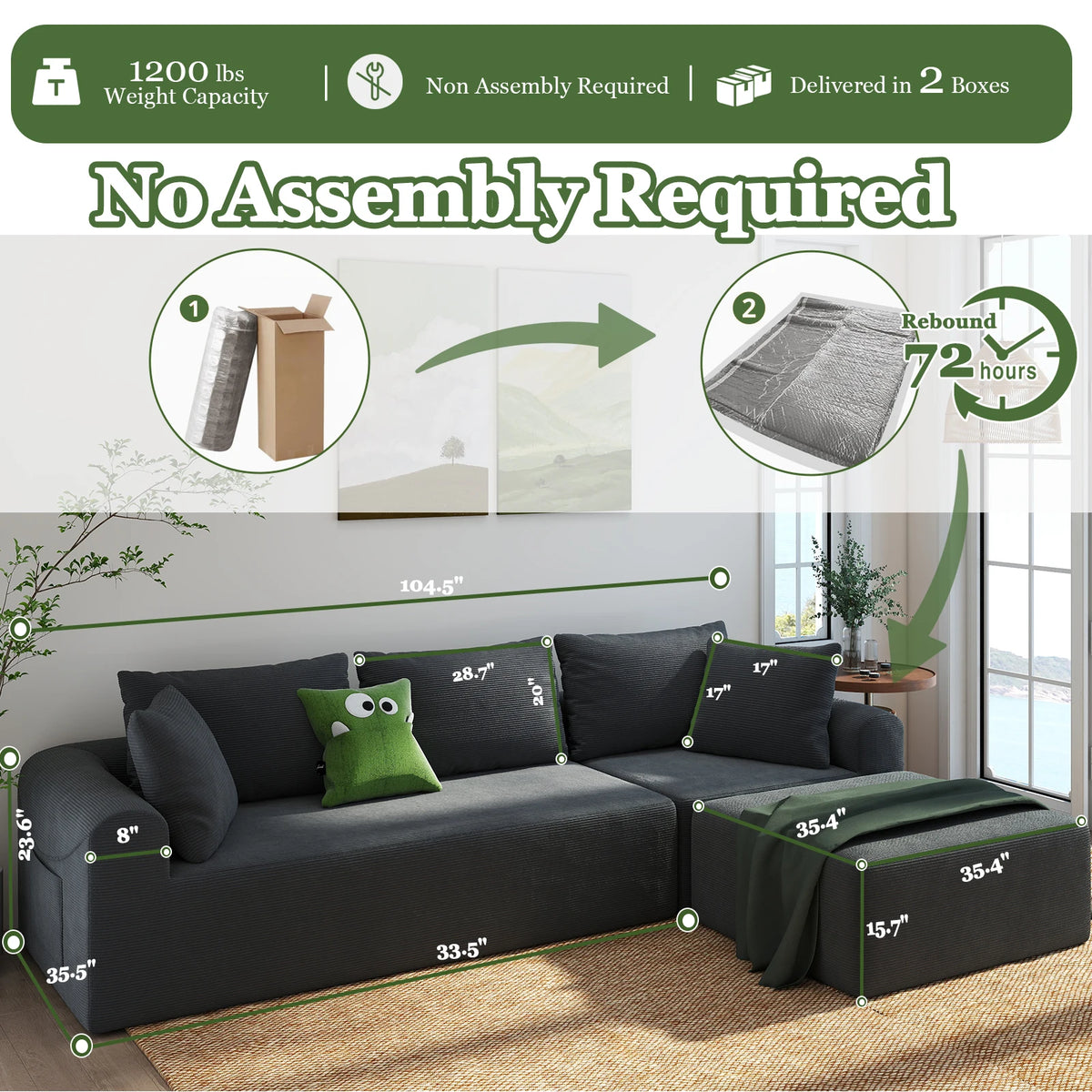 Modular Sectional Sofa with L-Shape Chaise, Cloud Couch in Corduroy, Deep Seat Living Room Sofa with Side Pockets, No Assembly R