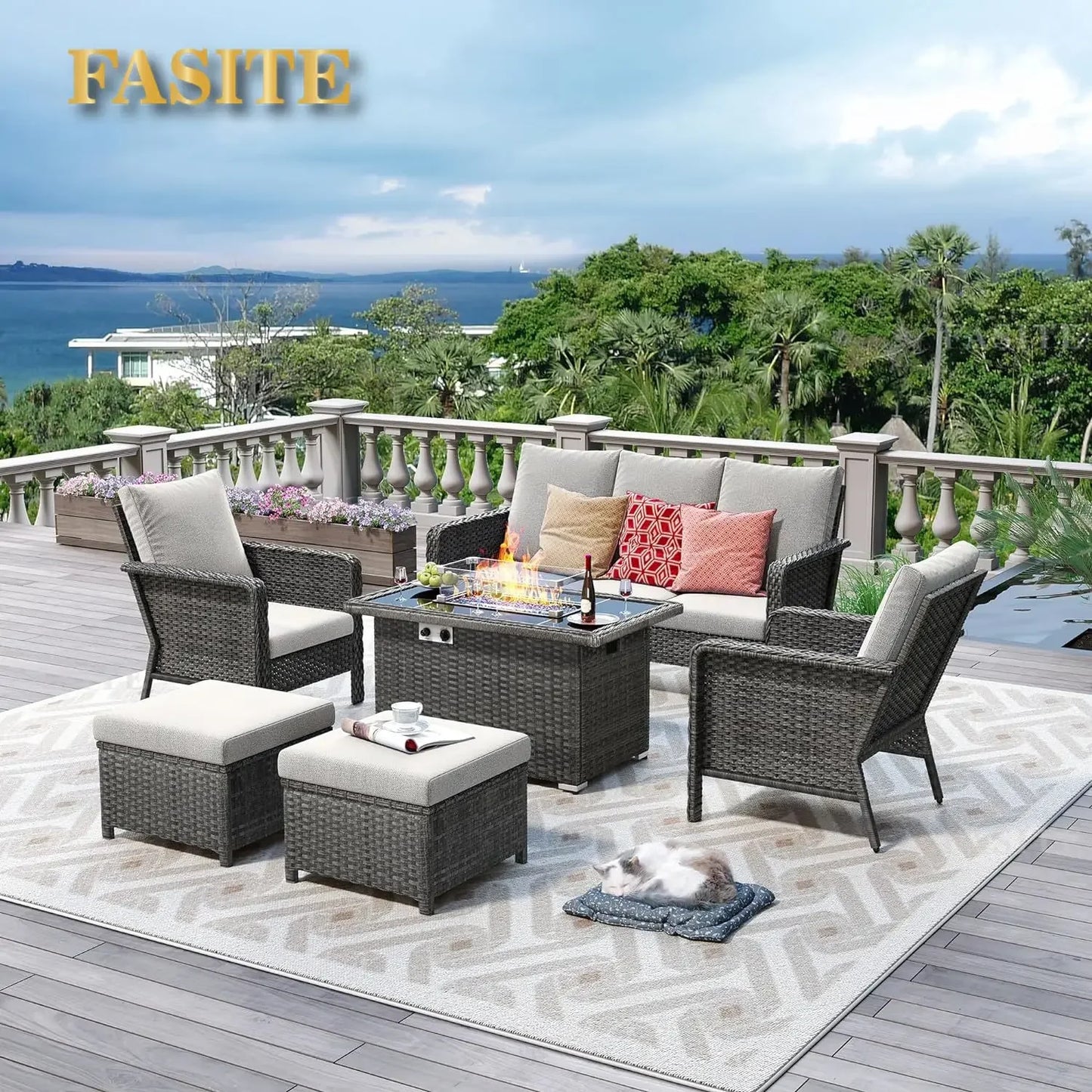 Outdoor Set with 44" Gas Fire Pit Table - PE Wicker Sets Cushioned Seat Couch - Seats Outdoor Chair Set