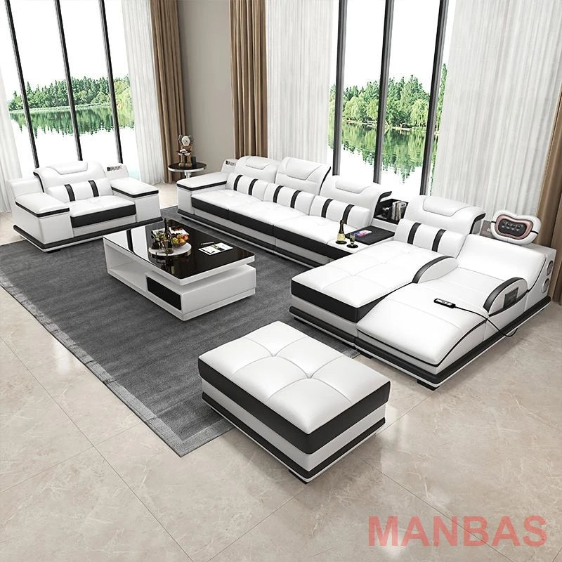 Linlamlim Italian Genuine Leather Sectional Sofa with Bluetooth, Speaker, Functional Headrest, Massage Chaise | Big Corner Couch