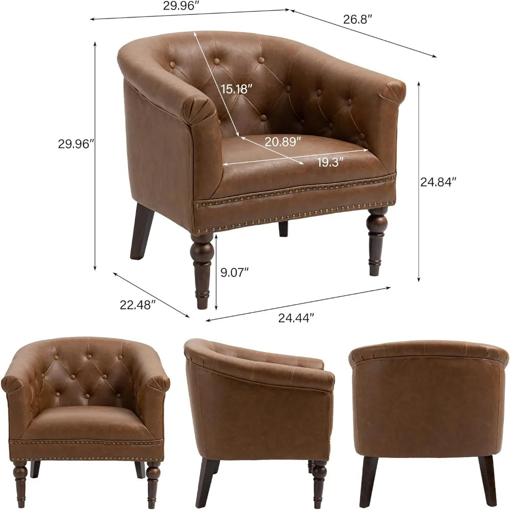 Accent Chair, Upholstered Faux Leather Barrel Chair with Nailed Trim, Comfy Club Armchair for Reading Living Room Bedroom Waitin