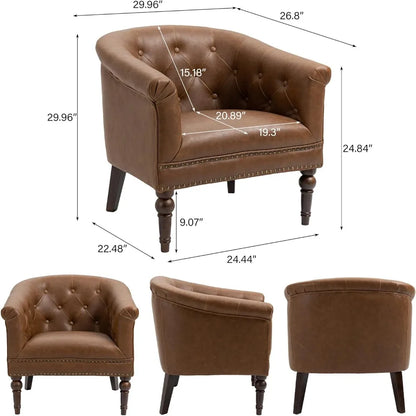Accent Chair, Upholstered Faux Leather Barrel Chair with Nailed Trim, Comfy Club Armchair for Reading Living Room Bedroom Waitin