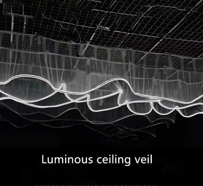 Glowing Curtain for Wedding Ceiling Decor, White Wave Tulle Fabric with Lights, Romantic Party Christmas Event Decoration