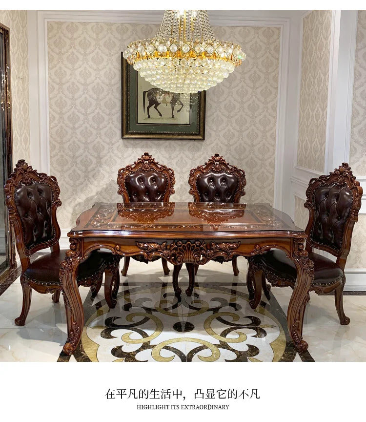 European-style all-solid wood dining table and chairs, living room, luxury villa home square table, French glass dining table
