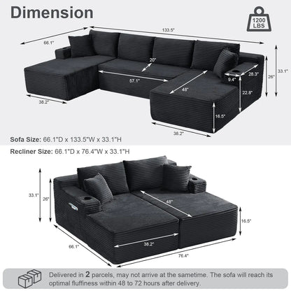 133.5" Boneless Sectional Couch with Cup Holder, U Shaped Sofa with Chaise, Oversized Modular Couch with Deep Seat, Comfy Cordur