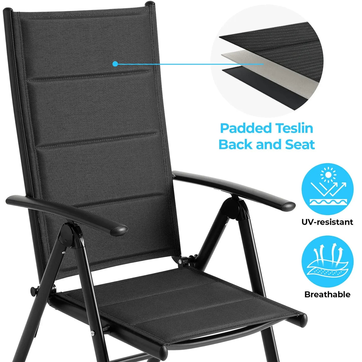 Aluminum Foldable Garden Chair, Lounge Backrest 7 Adjustable Settings, with Armrests, Weatherproof Outdoor Chairs Black,Gray