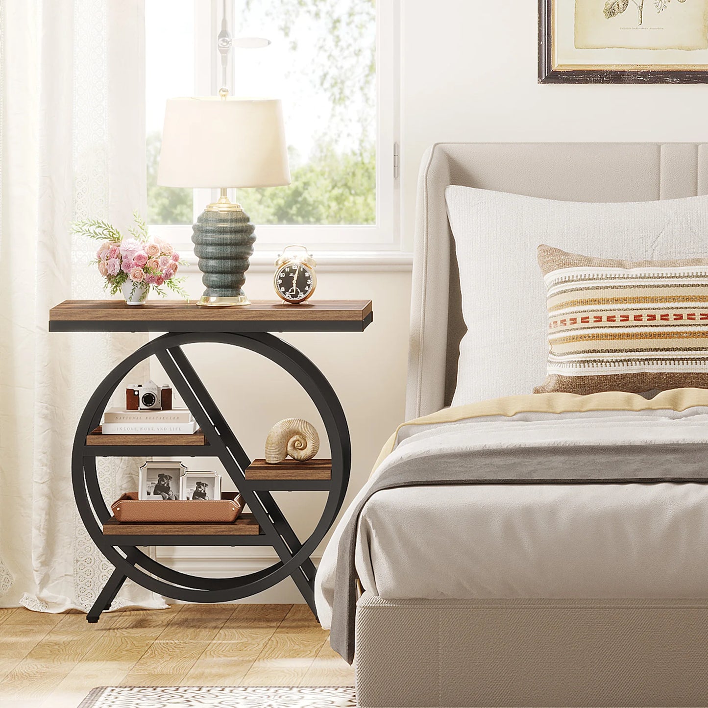 Tribesigns End Table for Living Room, 3-Tier Narrow Side Table with Storage, Wood Sofa Side Table with Geometric Metal Frame