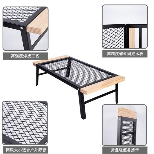 Outdoor Camping Table Mini Wrought Iron Folding Table Storage Barbecue Multi-functional Barbecue Net Table with Wooden Edge