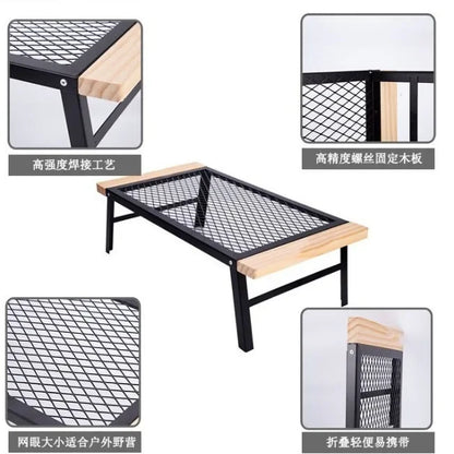 Outdoor Camping Table Mini Wrought Iron Folding Table Storage Barbecue Multi-functional Barbecue Net Table with Wooden Edge