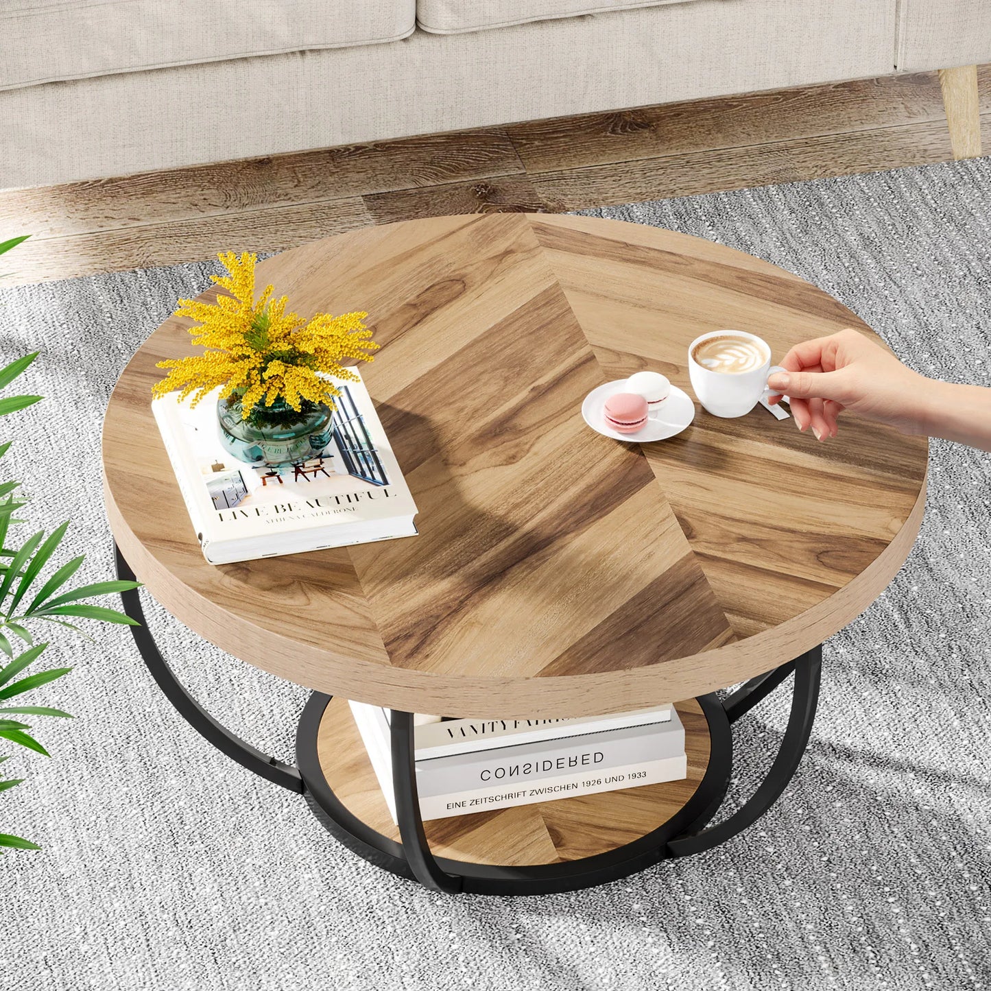 Tribesigns 31.7" Round Coffee Table, Industrial 2-Tier Circle Coffee Table with Storage Shelves, Modern Wooden Sofa Side Table