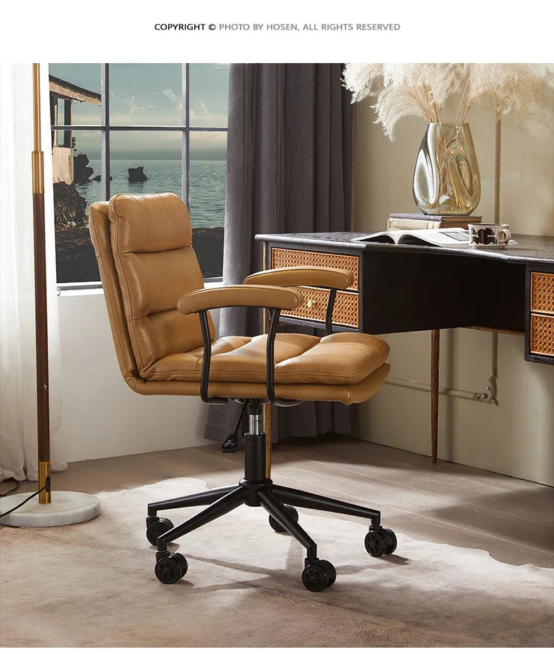 N Nordic Simple Leather Office Chair Home Comfortable Computer Swivel Chair Mid-Ancient Retro Iron Art Armchair