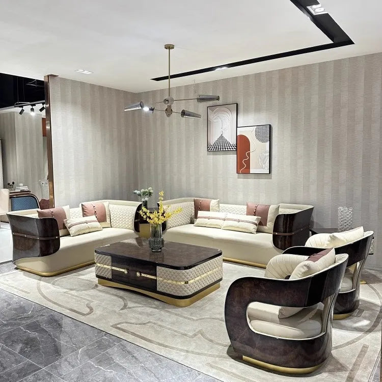Light luxury villa living room leather sofa combination Italian postmodern large flat-floor mansion high-end home