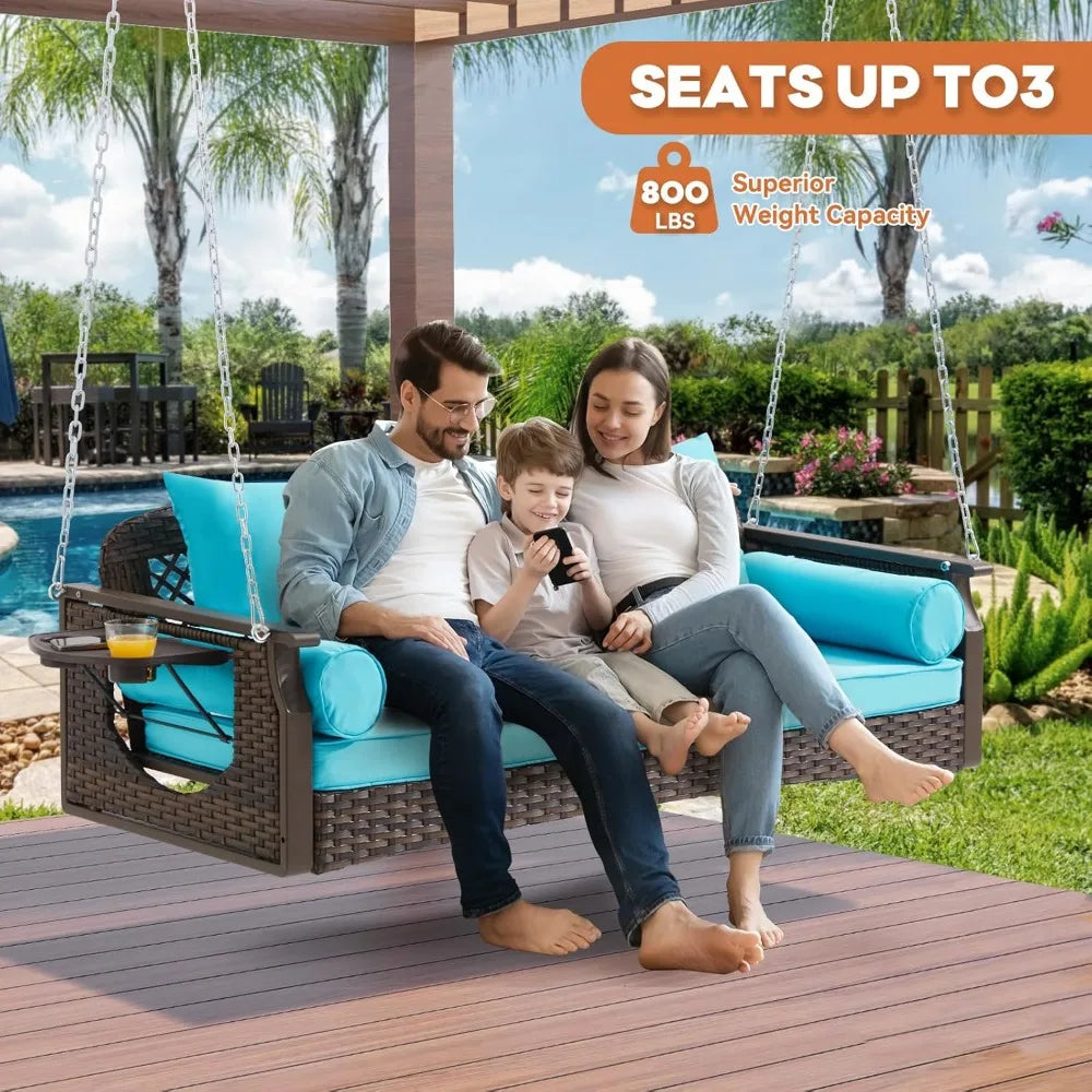 3 Seat Porch Swing, Wicker Patio Swing with Cup Holders & 3 Back Cushions, Yard Swing with Chains for Deck Garden Backyard