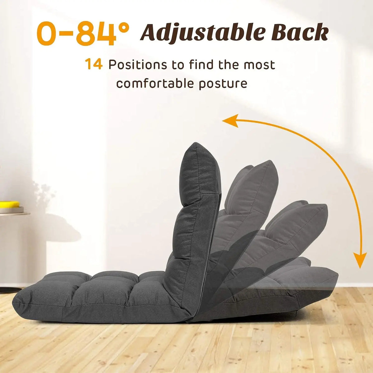 Adjustable Floor Gaming Sofa Chair 14-Position Cushioned Folding Lazy Recliner High Resilience Sponge Breathable Cotton Linen Fa