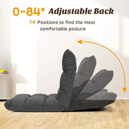 Adjustable Floor Gaming Sofa Chair 14-Position Cushioned Folding Lazy Recliner High Resilience Sponge Breathable Cotton Linen Fa