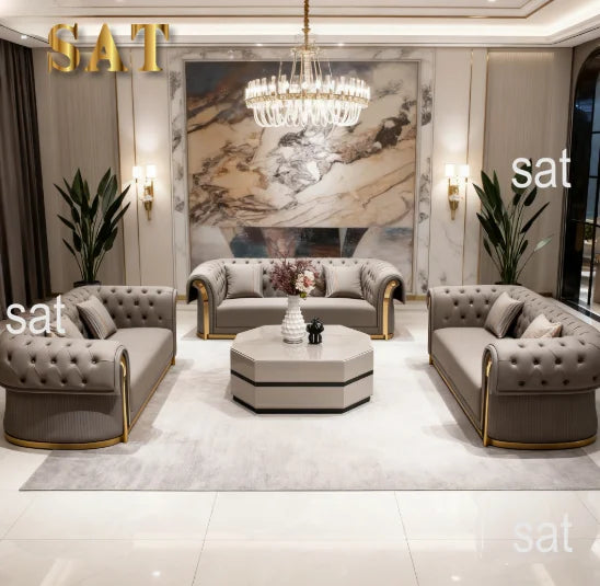 3-Seat Modern Chesterfield Sofa Set Curved Design Gold Decorated Napa Leather Sofa Apartment Living Room Furniture