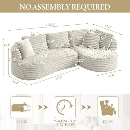 Deep Seated L-Shaped Cloud Sofa with Oversized Chaise, Sleeper Sectional Couch in Corduroy for Comfortable Relaxation