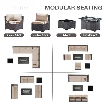 8 Piece Outdoor Patio Furniture Set with Gas Fire Pit Table, 55,000 BTU Auto-Ignition Firepit w/Glass Wind Guard
