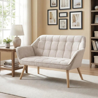 Loveseat Sofa, Modern Linen Upholstered Mini Couch 2Seater Fluffy Love Seat with Quilting Backs and Wood Legs for Small Space L