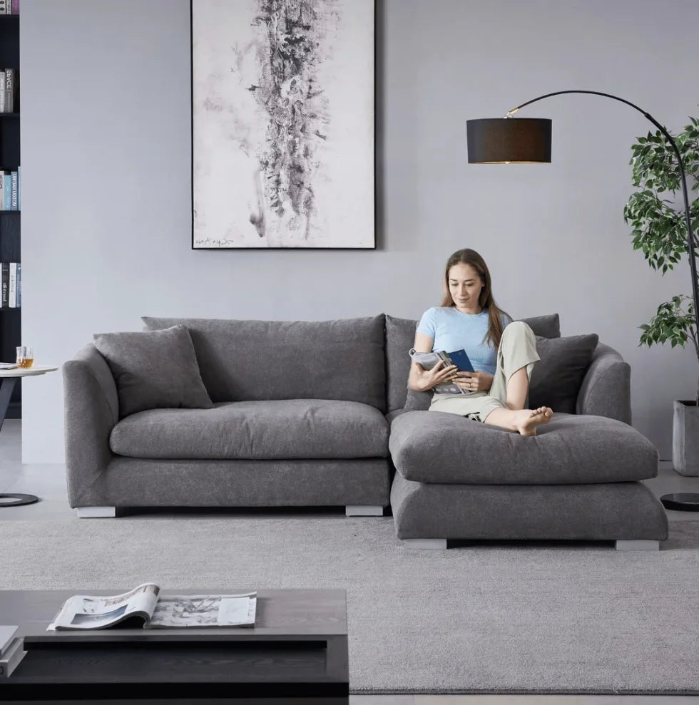 Modern Home Living Room Sofa Set White Linen Feather Cream Beige Fabric L Shaped Corner Modular Couches Sectional Sofa