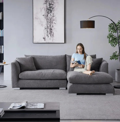Modern Home Living Room Sofa Set White Linen Feather Cream Beige Fabric L Shaped Corner Modular Couches Sectional Sofa