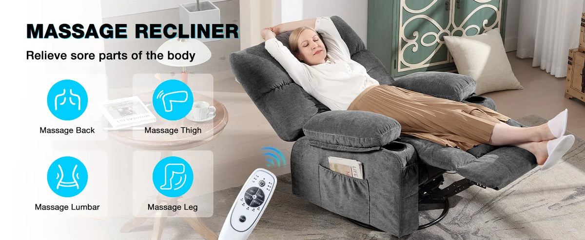 MAHOMICO Recliner Chair Oversized Swivel Rocker with Vibration Massage & Lumbar Heating, 360° Swivel, USB Charging Port