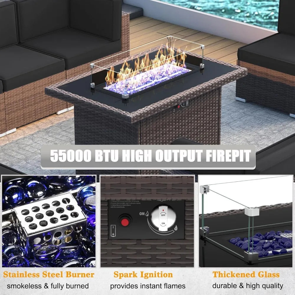 brown rattan outdoor patio furniture set with 44" fire pit and sectional sofa for conversation