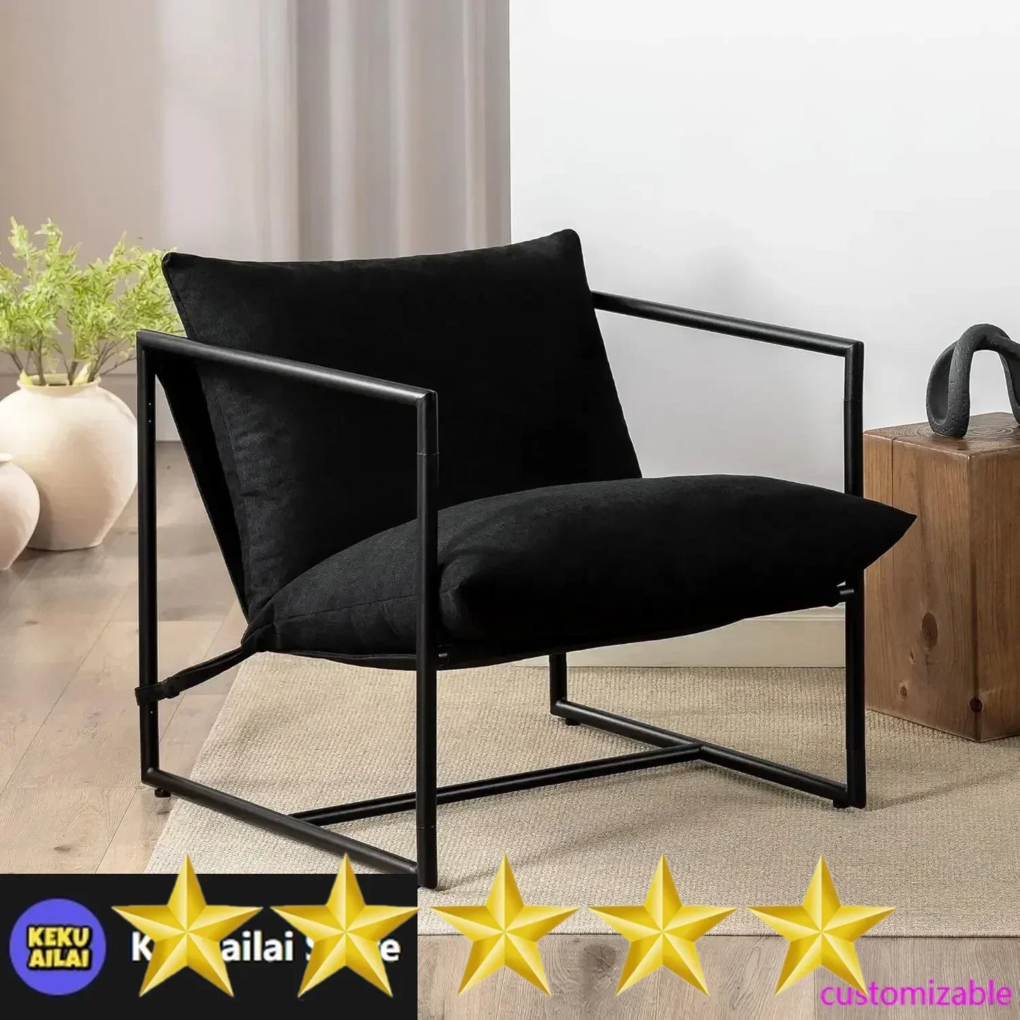New2025-Aidan Sling Accent Chair, Metal Framed Armchair with Shredded Foam Cushioning, Black