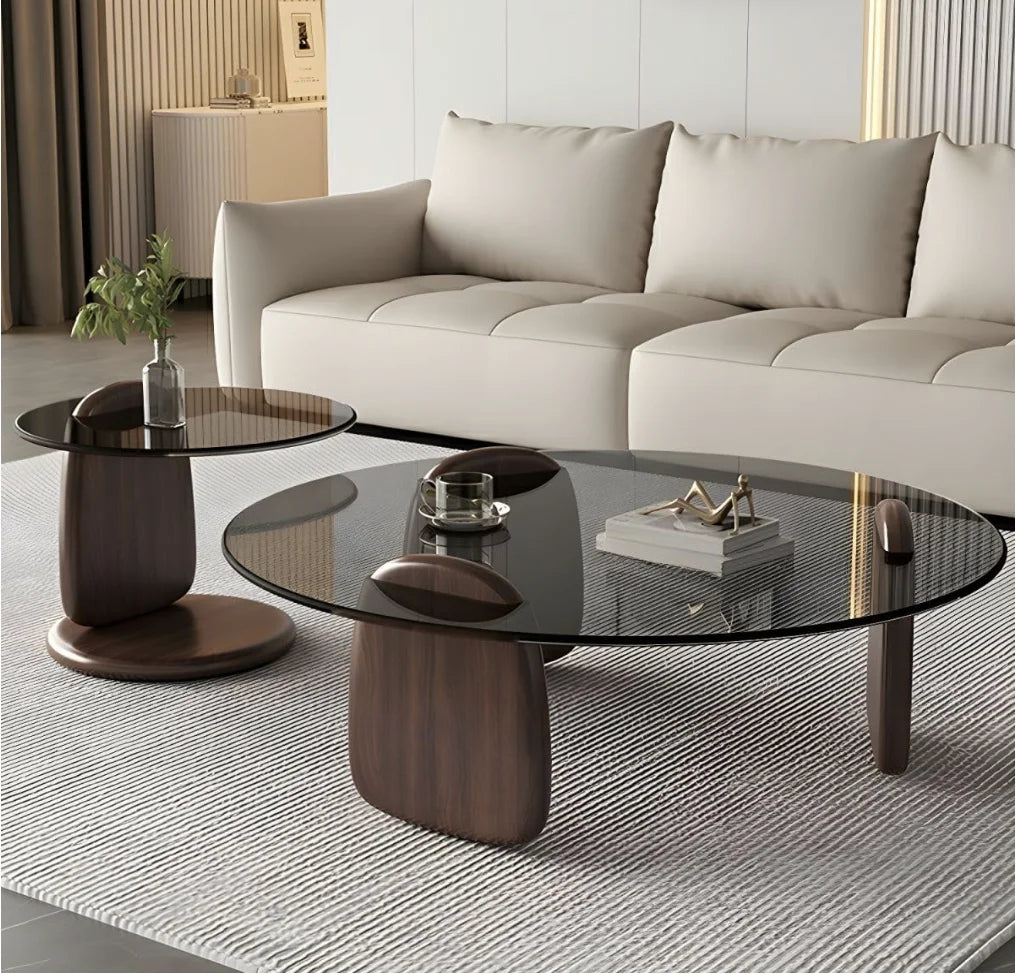 Glass Round Coffee Table Nesting Table Set of 2, Rustic Low Coffee Table Modern Center Table with Wood Base, Brown Glass Accent