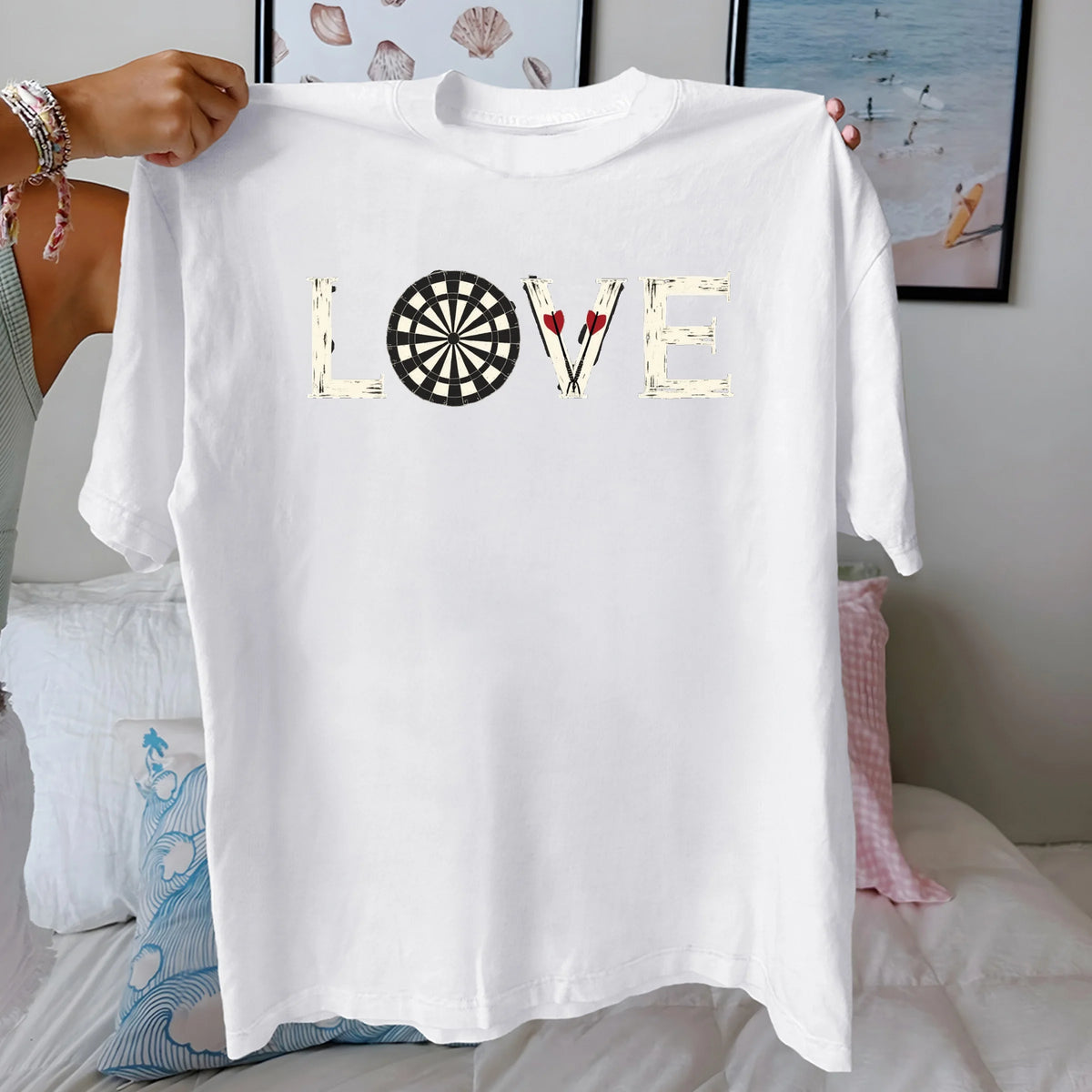LOVE with dartboard and darts  pure cotton women's Tshirt comfort fit