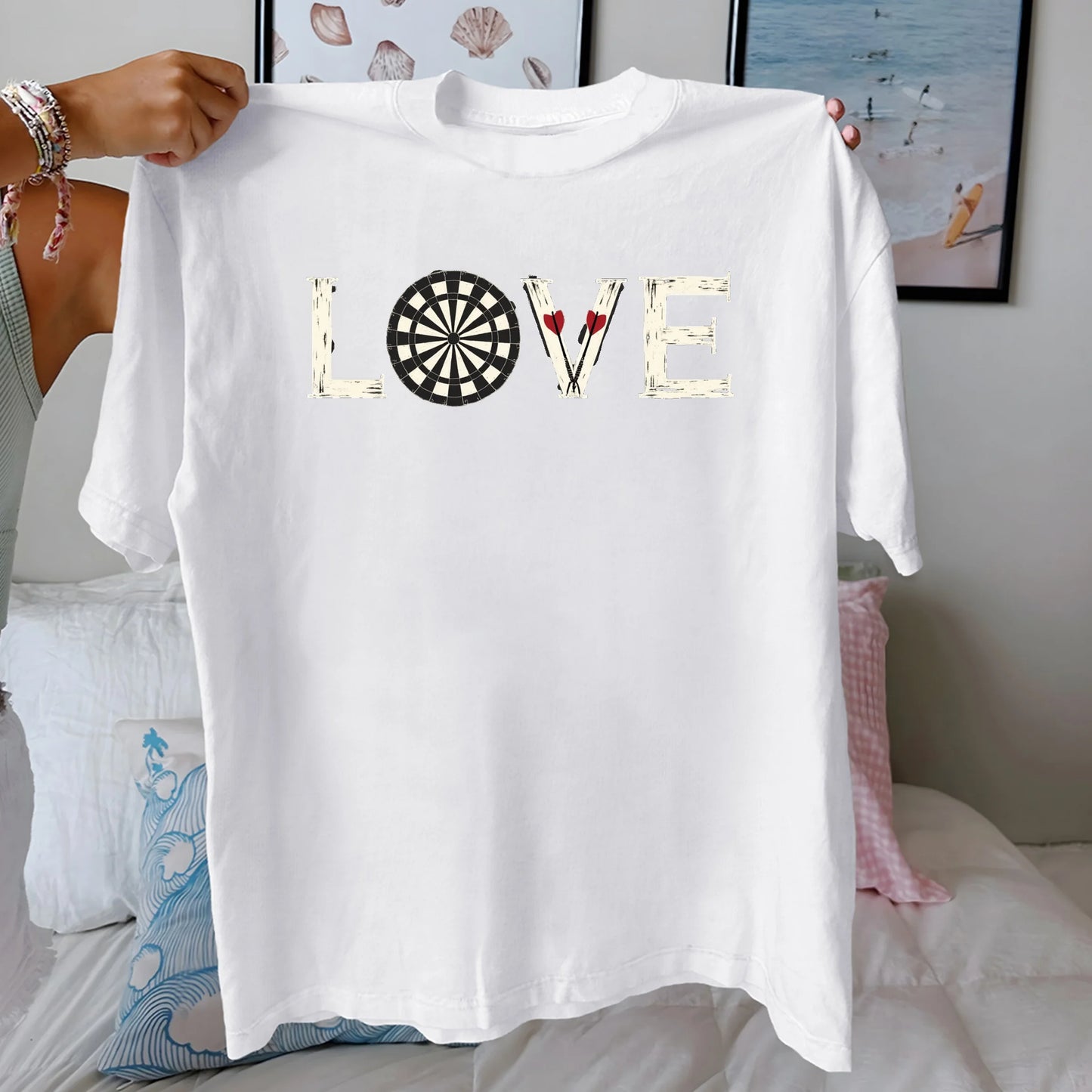 LOVE with dartboard and darts  pure cotton women's Tshirt comfort fit