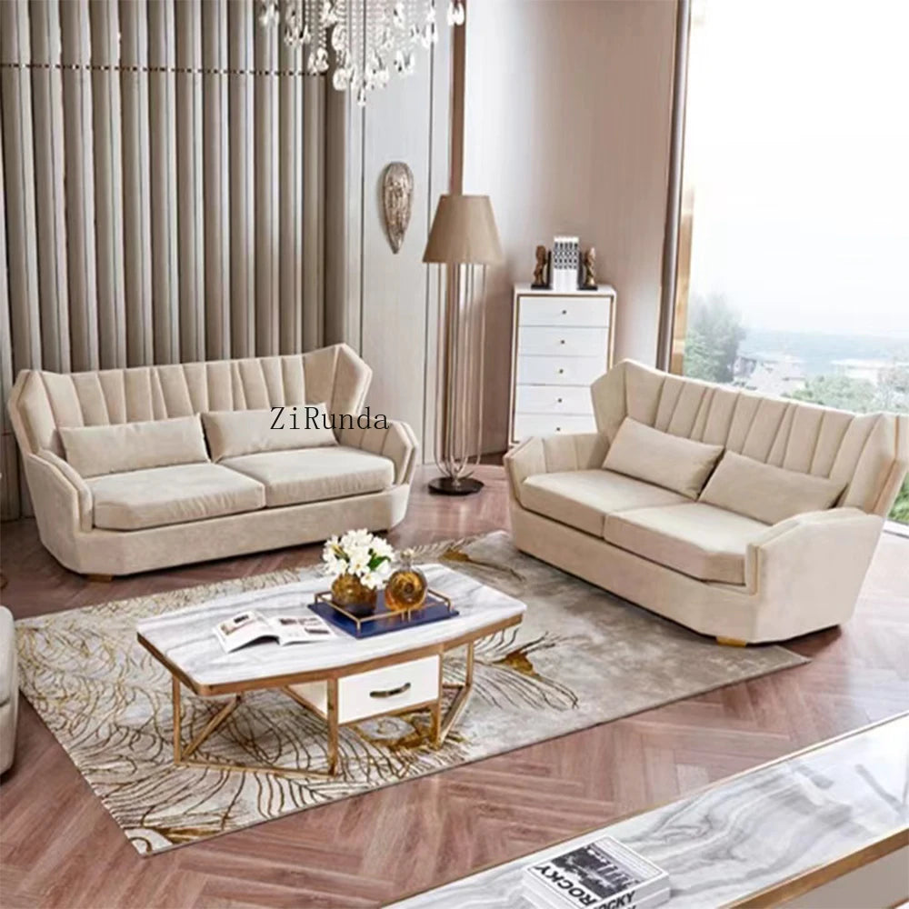 High-quality luxury white modern sofa with solid wood frame and metal, suitable for home or villa furniture