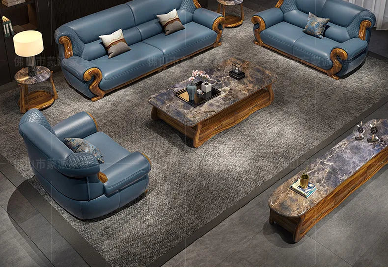 New Chinese ebony leather sofa combination first layer cowhide high-end villa living room modern solid wood sofa furniture