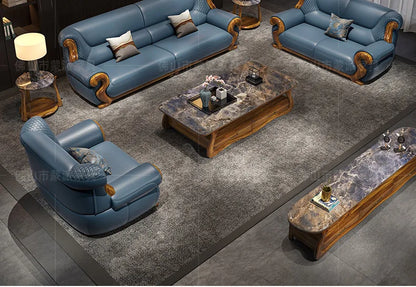 New Chinese ebony leather sofa combination first layer cowhide high-end villa living room modern solid wood sofa furniture