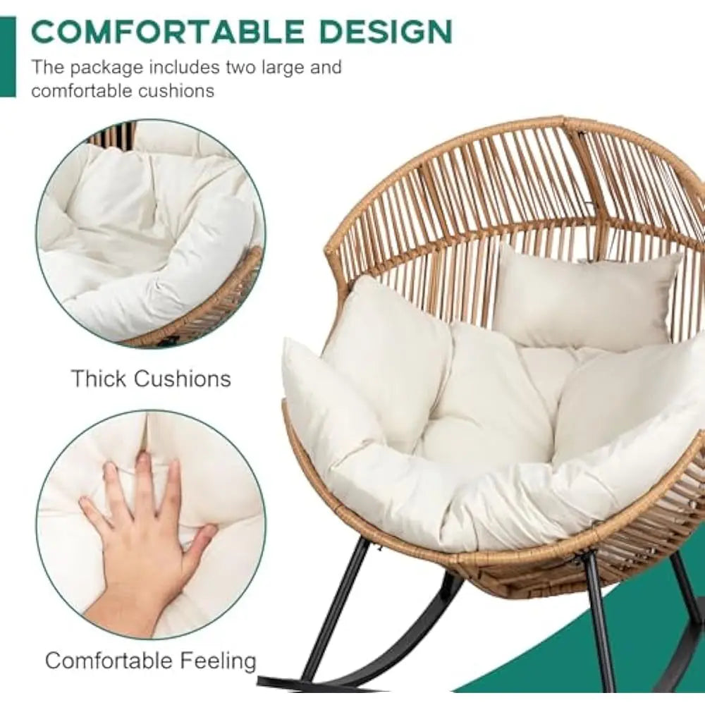 Wicker Egg Chair, Oversized Outdoor Indoor Rocking Chairs, Large PE Rattan Rocking Chair with Cushion for Patio, Balcony