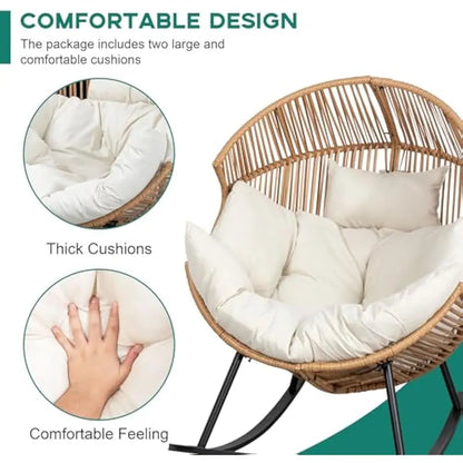 Wicker Egg Chair, Oversized Outdoor Indoor Rocking Chairs, Large PE Rattan Rocking Chair with Cushion for Patio, Balcony