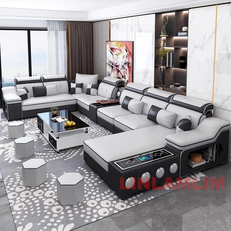 Modern Sectional Sofa with Chaise Lounge, Bluetooth Speakers and USB Ports