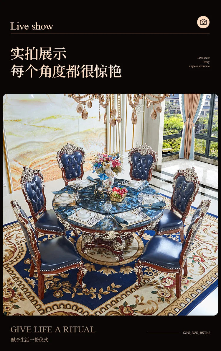 HLZ European Style Dining Table New Luxury High-End Solid Wood Home Marble French Retro Table and Chair Set Villa