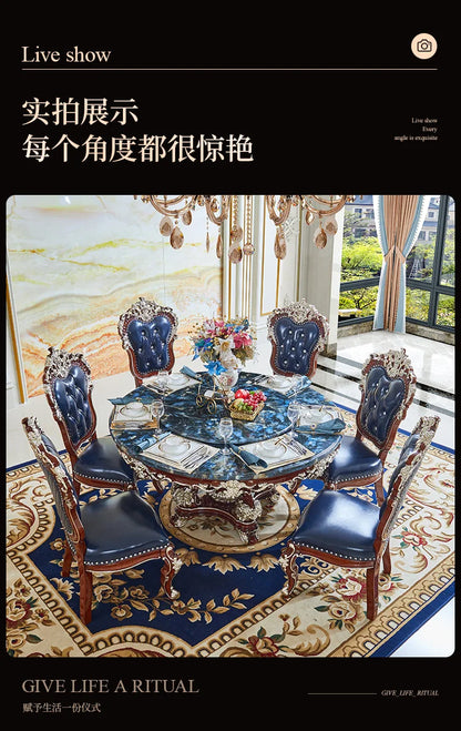 HLZ European Style Dining Table New Luxury High-End Solid Wood Home Marble French Retro Table and Chair Set Villa