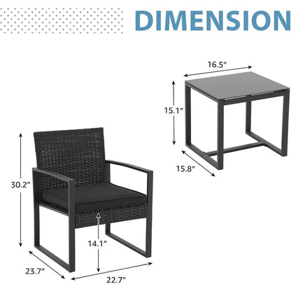 3 Pieces Patio Furniture Set, Outdoor Wicker Bistro Set, Modern Rattan Conversation Furniture with 2 Chairs and Tempered