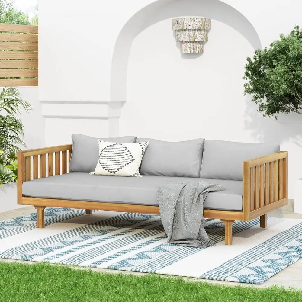 Outdoor Acacia Wood Daybed, 3 Seater Day Bed Couch Soa with Water Resistant Cushions or Patio Backyard, Garden urniture, Light G