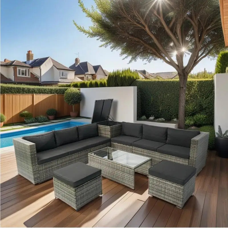 8-Piece Patio Sectional Wicker Rattan Outdoor Sofa Set with Storage Box and Cushion Box, Grey Wicker, Black Cushions, Clear