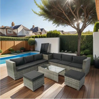 8-Piece Patio Sectional Wicker Rattan Outdoor Sofa Set with Storage Box and Cushion Box, Grey Wicker, Black Cushions, Clear
