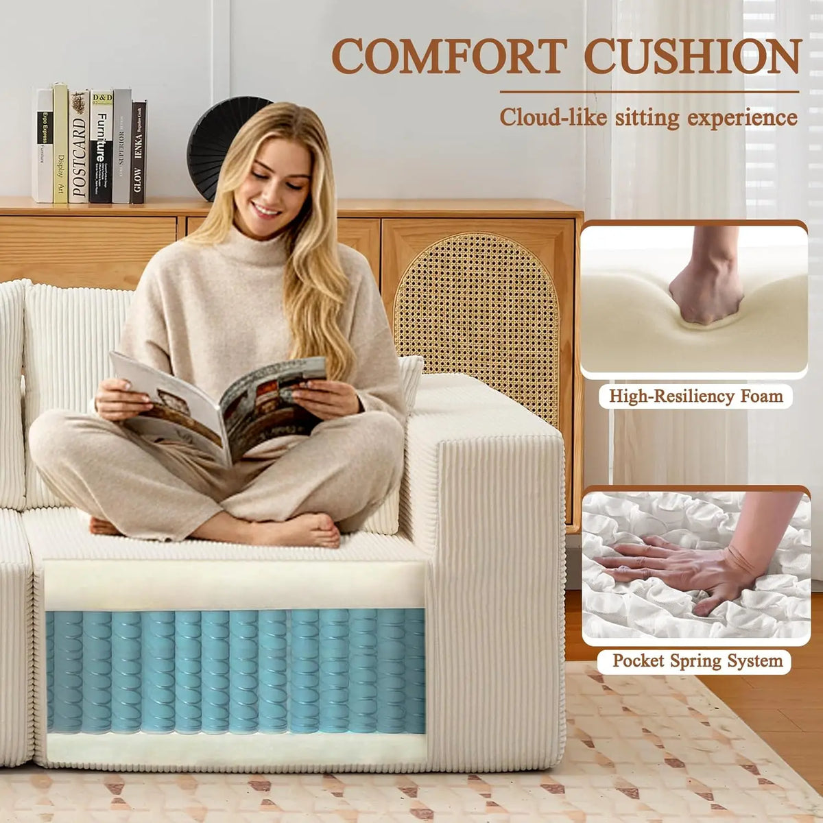 108'' Cloud Couch Modular Sectional Sofa with L-Shape Chaise Modern Upholstered Corduroy Living Room Customized Sofa Set