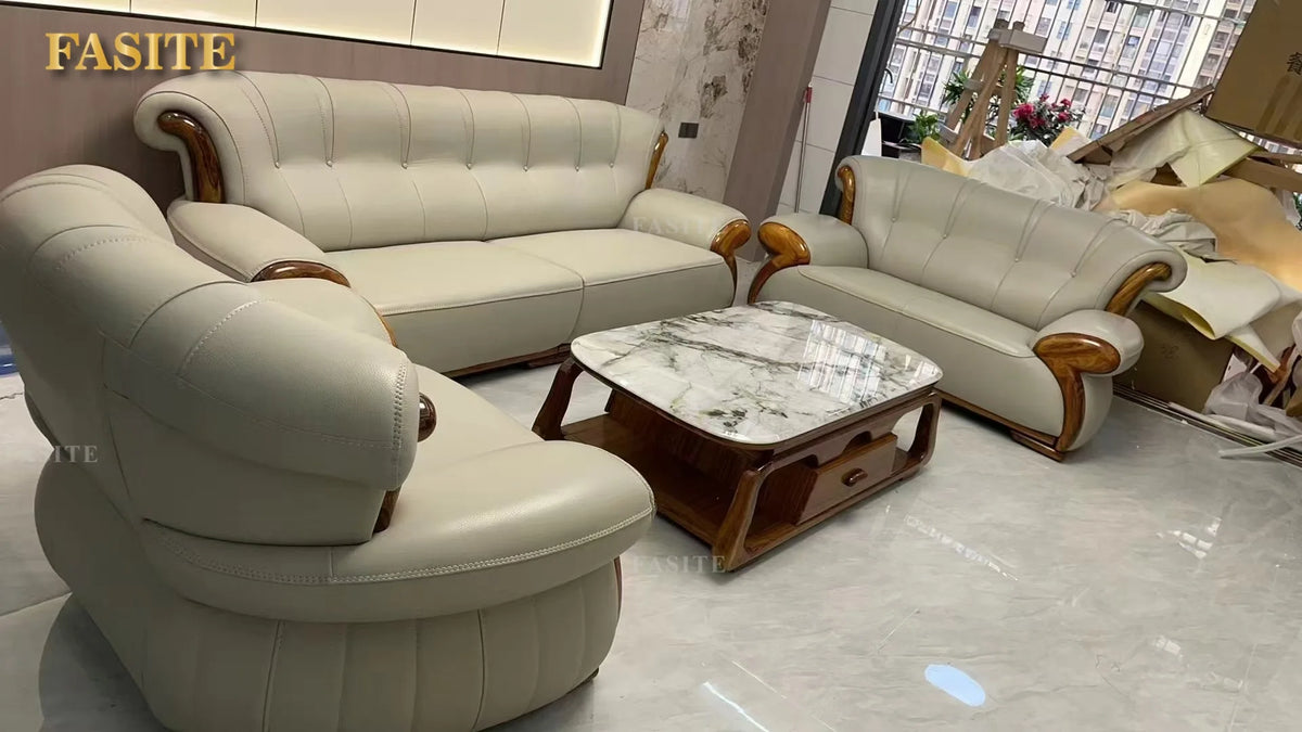 Ebony leather sofa modern light luxury high-end living room villa first layer cowhide solid wood new Chinese-style small