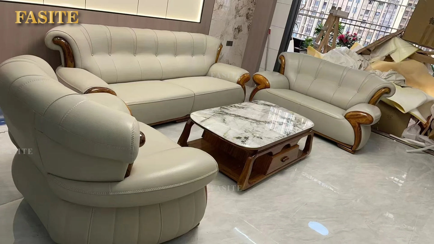 Ebony leather sofa modern light luxury high-end living room villa first layer cowhide solid wood new Chinese-style small