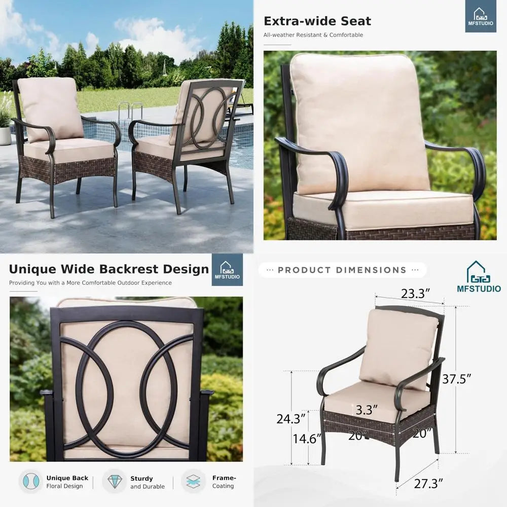 Patio Dining Chairs Set of 2 - Metal Wicker with Cushioned Seats and Armrests for Outdoor Use